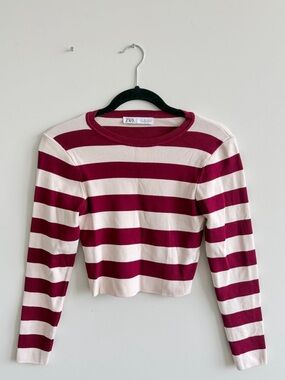 ZARA Red & White Striped Knit Top Cropped Long Sleeve Size L (Fits M)